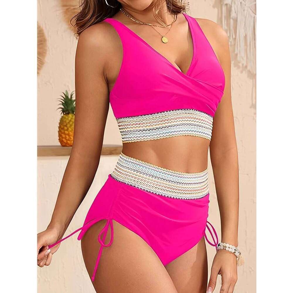 V-neck Bikinis 2025 Women High Waist Swimwear Drawstring Swimsuit Female Beachwear Summer Bathers Bathing Swimming Swim Suit XXL Z260206