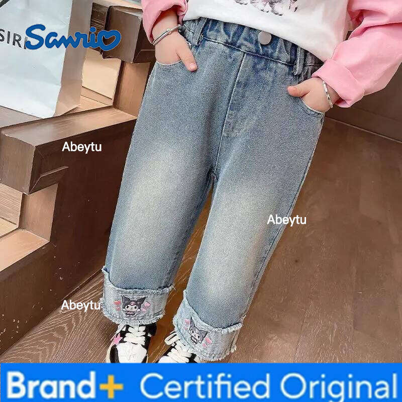 Sanrio Kuromi Girls Jeans Spring Autumn New Wear Outside Kawaii Cartoon Trousers Leisure Wide Leg Pants H260206