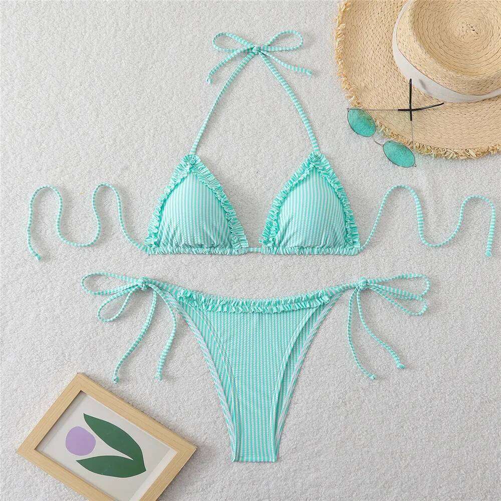Pink Striped Print Ruffled Edge Swimwear Halter String Triangle Bikinis Sets Micro Thong Sexy Swimsuit Women 2026 Bather Bikini Z260206