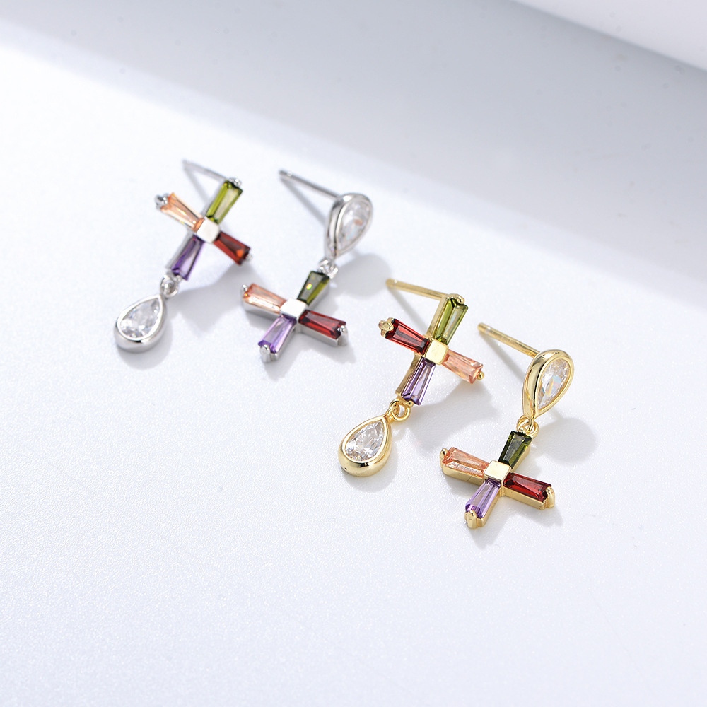 Colorful zircon asymmetric cross stud earrings, sterling silver, high-end niche jewelry, earrings for women