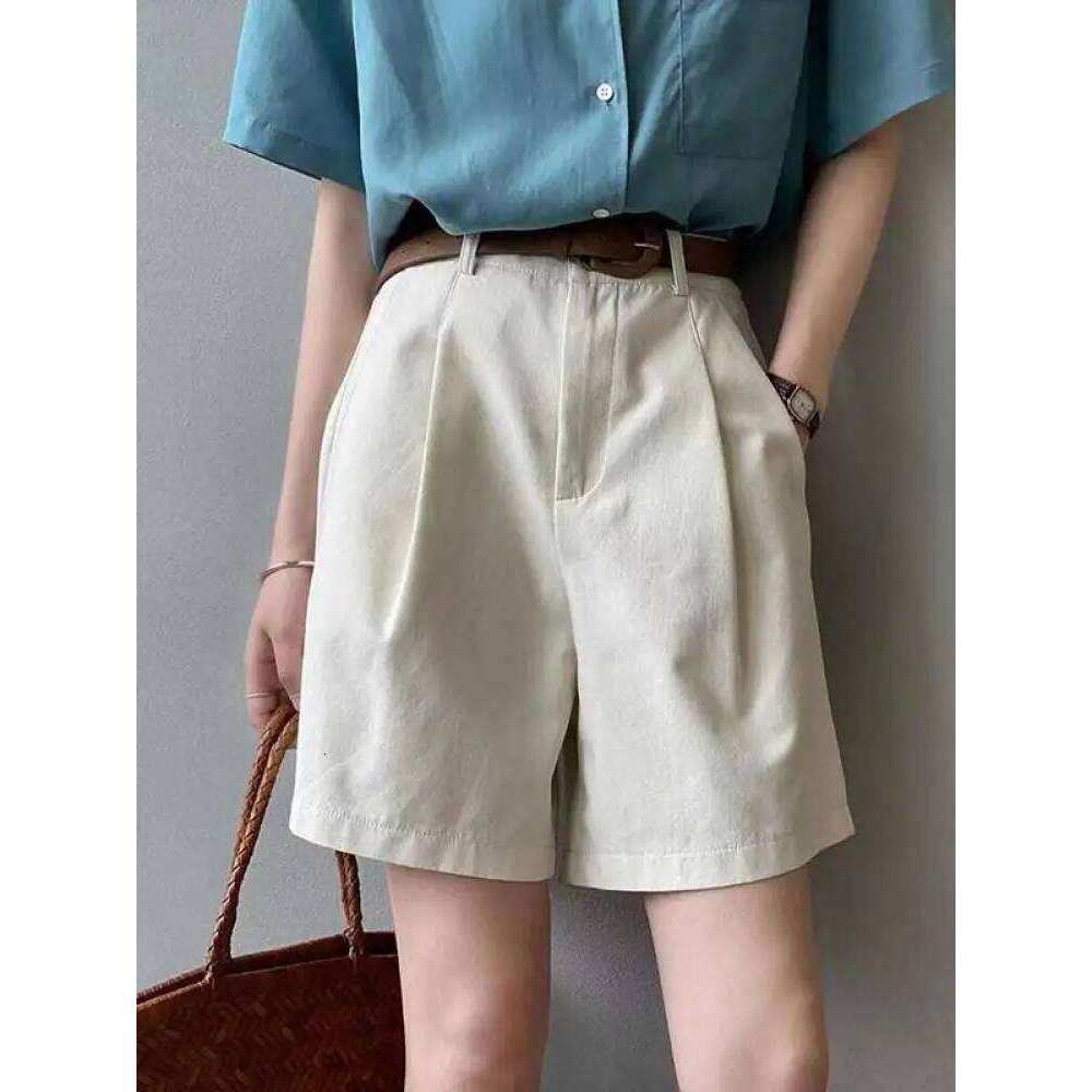 Belt Pure Cotton Women High Waist Wide Leg A Line Suit Shorts Office Lady Solid Loose Casual All Match Short Pants XJ260206