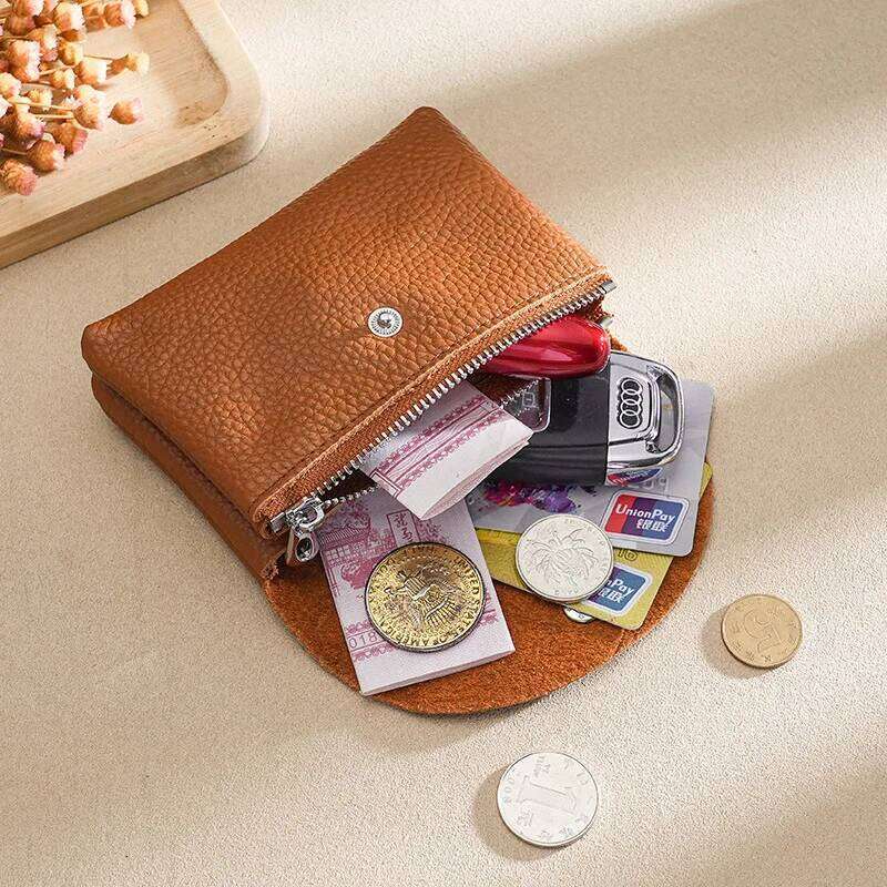 Genuine Leather Short Coin Wallets Card Holder Bag Case Portable Retro Cowhide Small Money Purse For Men Women Earphone Pouch Y260206