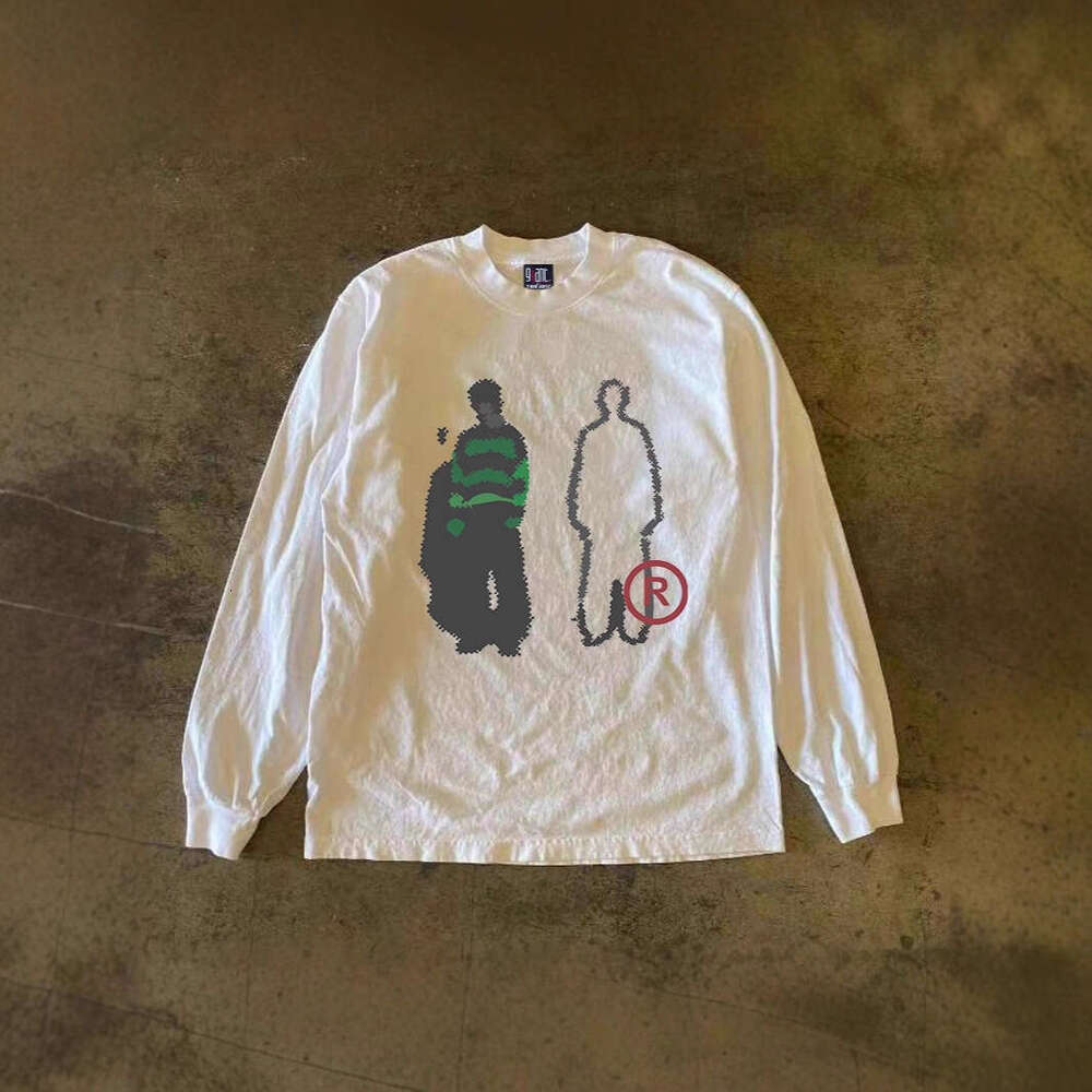 300g heavyweight pure cotton! retro oversized European and American trendy brand printed men's long-sleeve T-shirt with cuffed sleeves