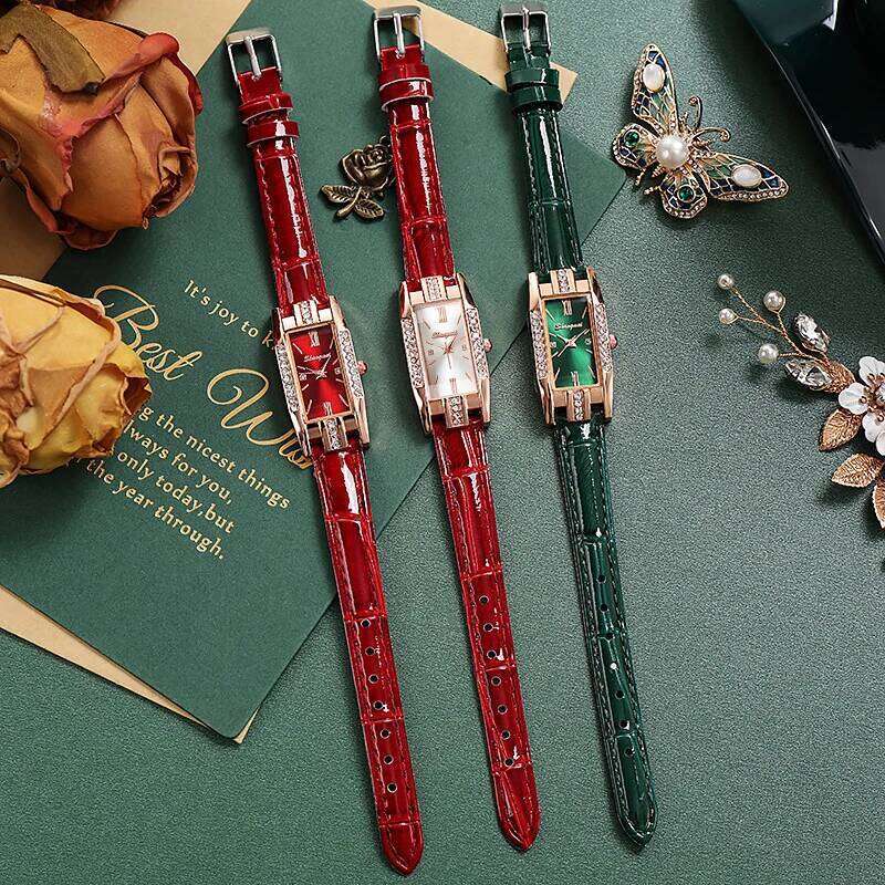 Vintage Women Watches Fashion Rhinestone Rectangle Ladies Leather Band Quartz Watch Z260206