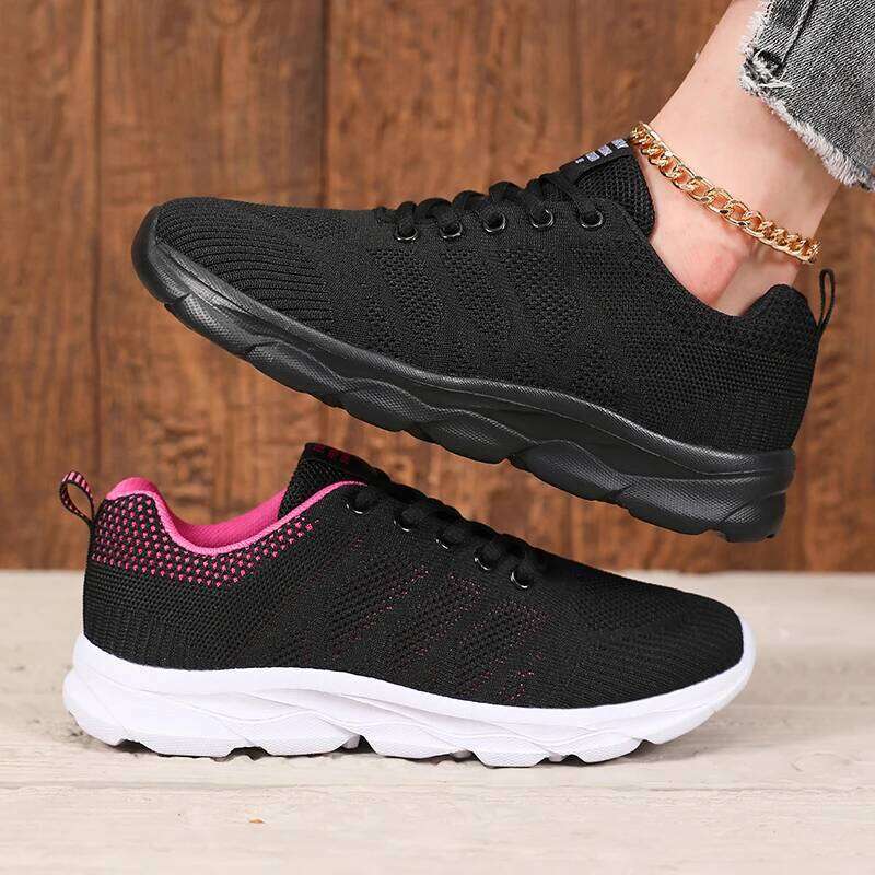 Women Sneakers Fashion Lace Up Mesh Breathable Outdoor Walking Black Dirt Resistant Daily Versatile Platform Tennis Shoes