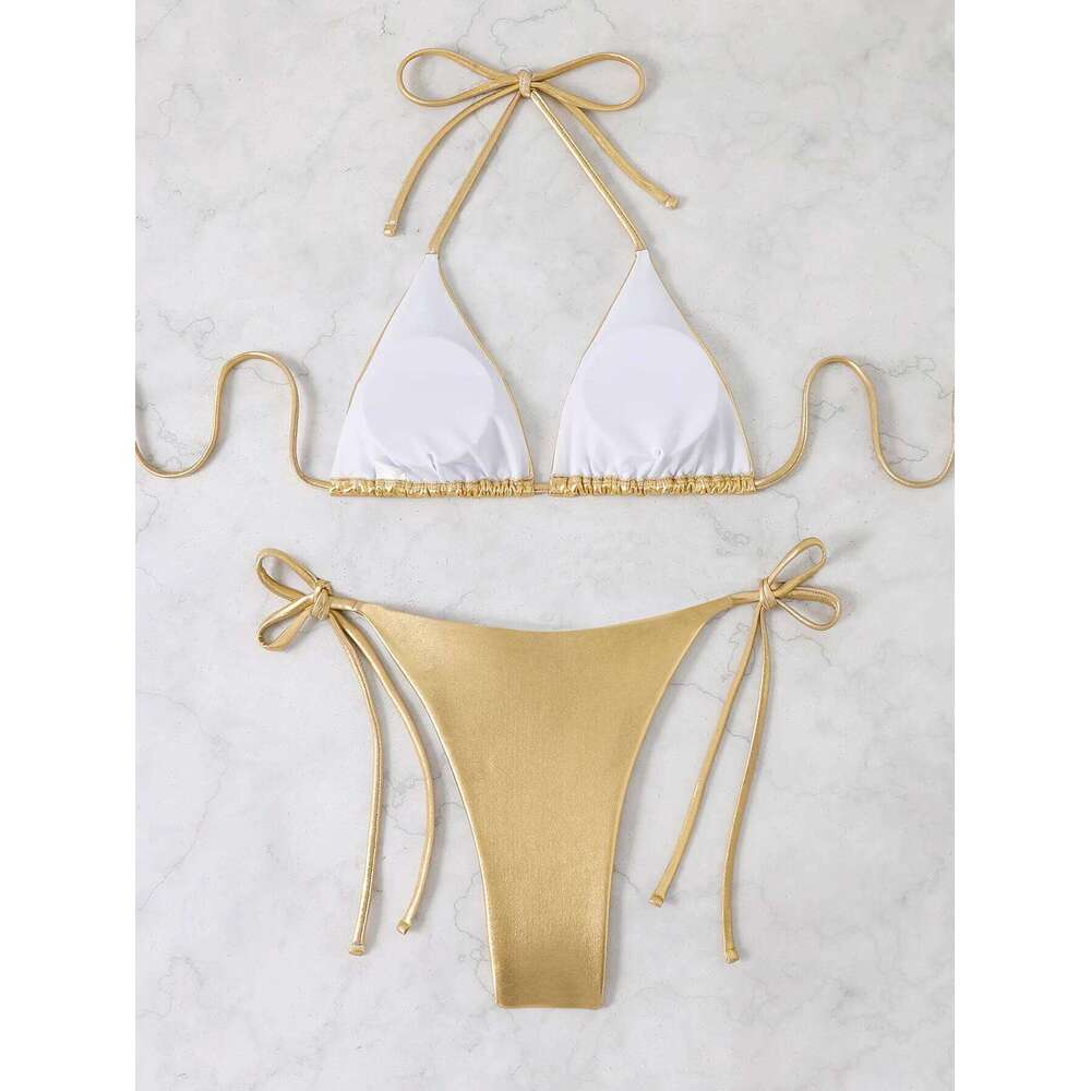 sexy metallic glitter halter tie micro bikinis sets two pieces solid thong bandage swimsuit bathing suit swimwear biquini Z260206