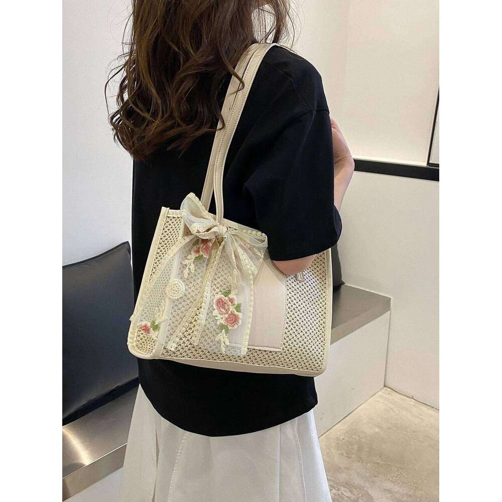 Trendy Lightweight Casual Bow Decor Straw Hollow Out Knitted Flower Tote Large Capacity Shoulder Bag For Teen Girl Women Y260205