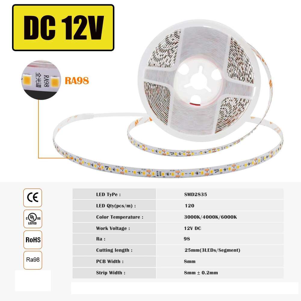RA98 High CRI LED Strip SMD 2835 120LEDs/M DC 12V 24V IP20 Flexible Ribbon Light 5M 10M 2700K 3000K 4000K 5000K 5500K 6000K Z260206