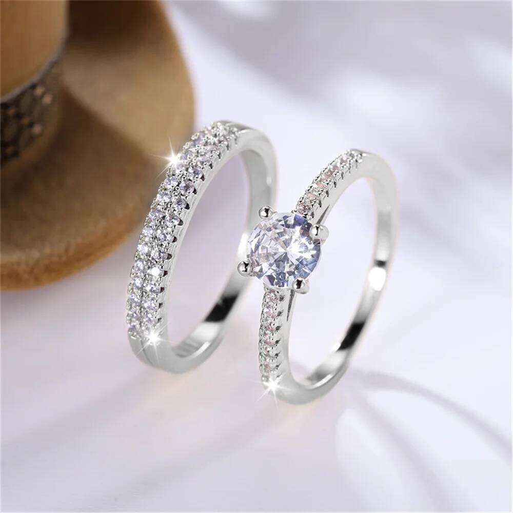 Luxury Female 2pcs Small Round White Zircon Stone Ring Set Promise Gold Color Wedding Engagement Jewelry For Women W260206
