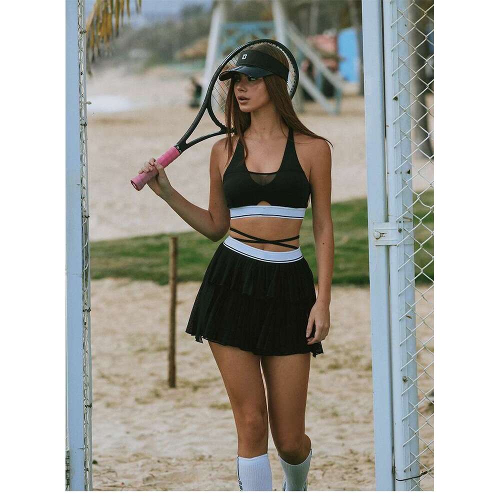 Women's Color-Block Pleated Skirt Tennis Breathable Quick-Dry Pilates Yoga Outfit Training Sports Fitness Two-Piece Set