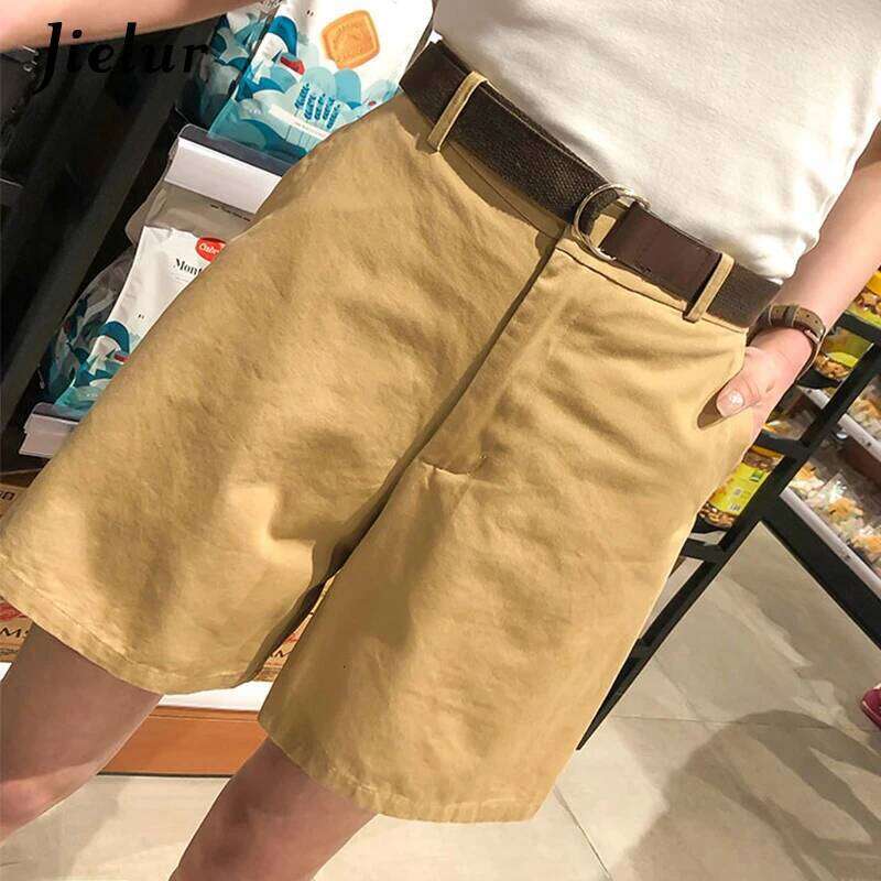 Jielur Korean Fashion Casual Summer Women Loose Wide Leg Pantalon Femme Belt Green White High Waist Shorts Female S-XXL H260206