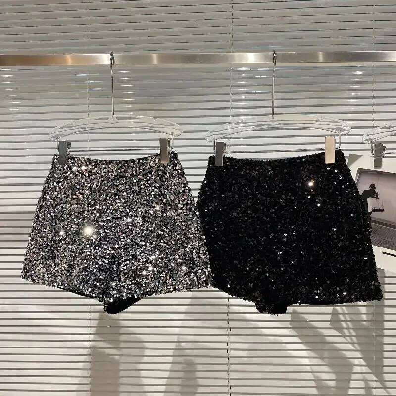 New Autumn Black Velvet Women Sequined Shiny Versatile Short Clubwear Shorts Hot Pants High Street XJ260206