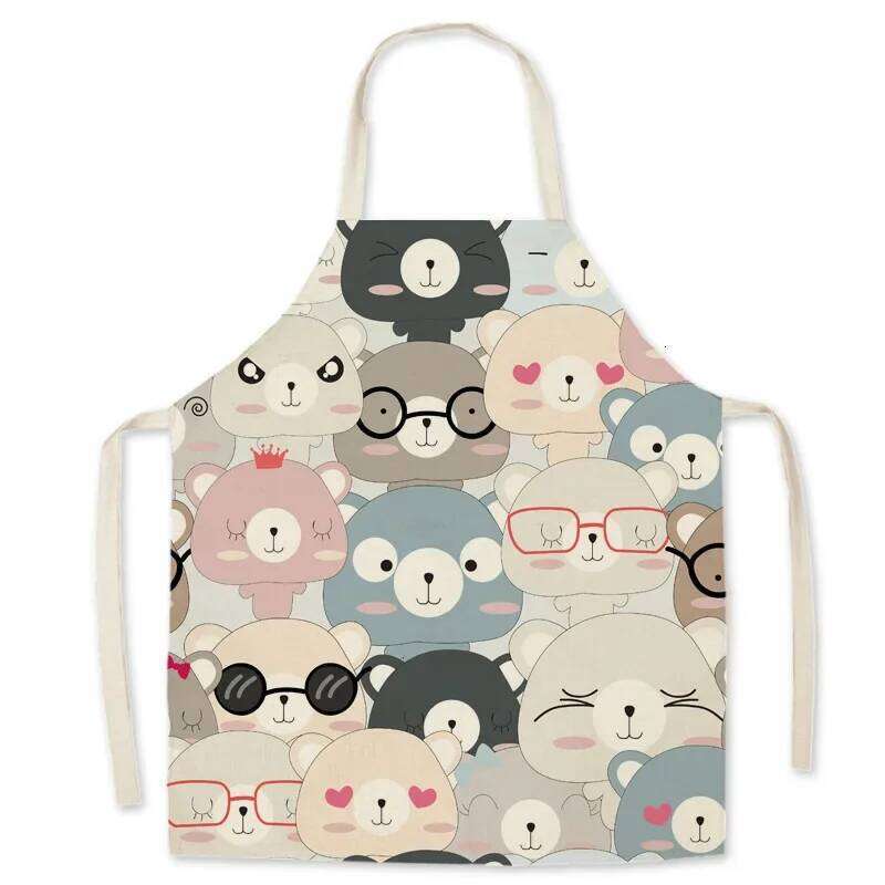 Parent-child Cartoon Kitchen Apron Cute Dinosaur Bear Cat Printed Home Sleeveless Unisex Cotton Linen Aprons Baking Accessories S260205