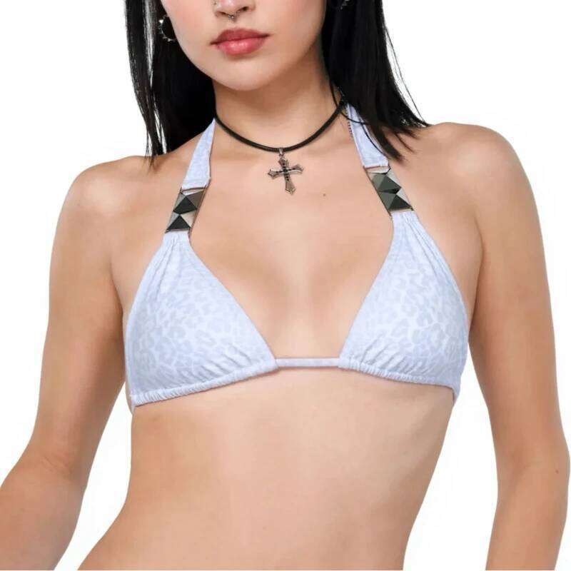Summer Women's Metal Decoration Sexy Outdoor Costume Beach Hottie Bikini Split-Body Set Lace Up White Triangle Swimwear Clothing Z260206