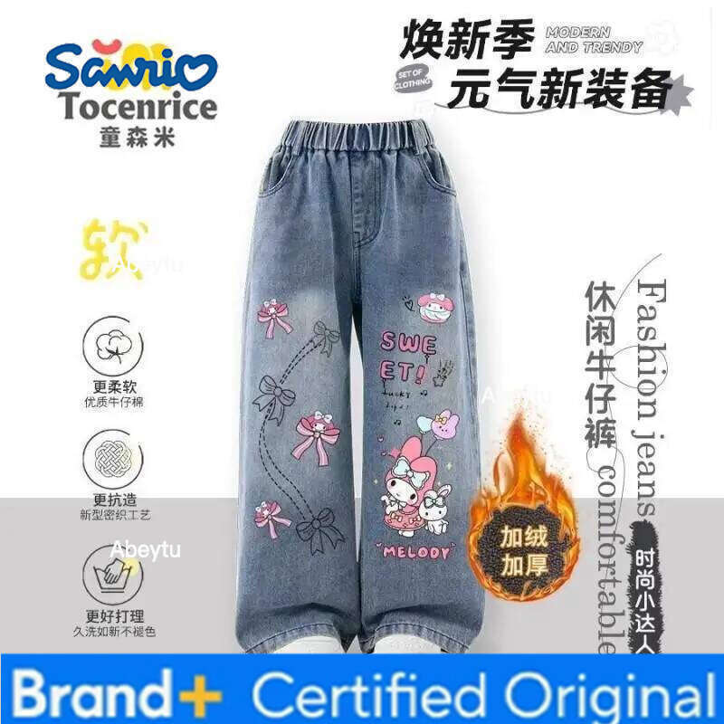 Sanrio Hello Kitty Kuromi Cinnamoroll My Melody Girls Jeans Straight Wide Leg Loose Fit Fleece-Lined Spring Autumn Winter Pants H260206