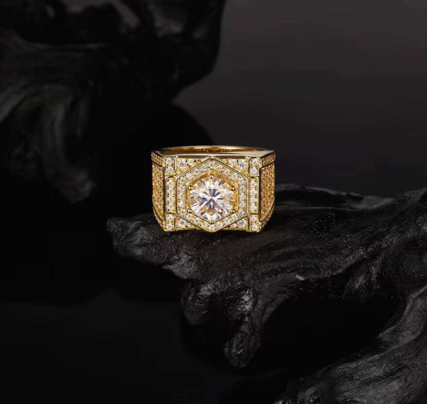 Moissanite Rings Gra Certified 925 Sterling Silver Men's Classic 18K Gold Plated Brilliant Cut Prong Setting Custom Ring VVS