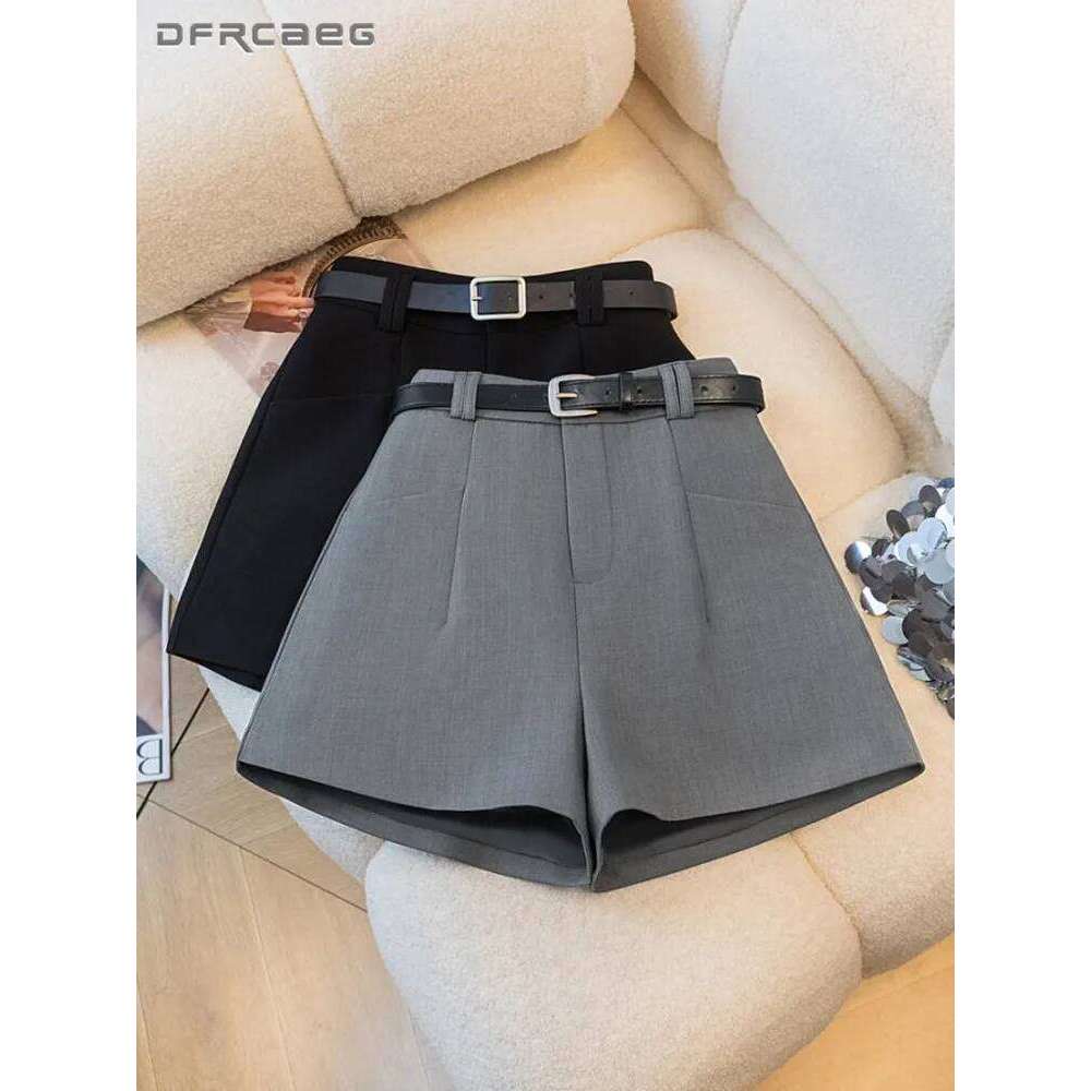 Gray Spring Autumn Casual Wide Leg Shorts Belt High Waist Suit Fabric Office OL Short Pants With Boots H260206