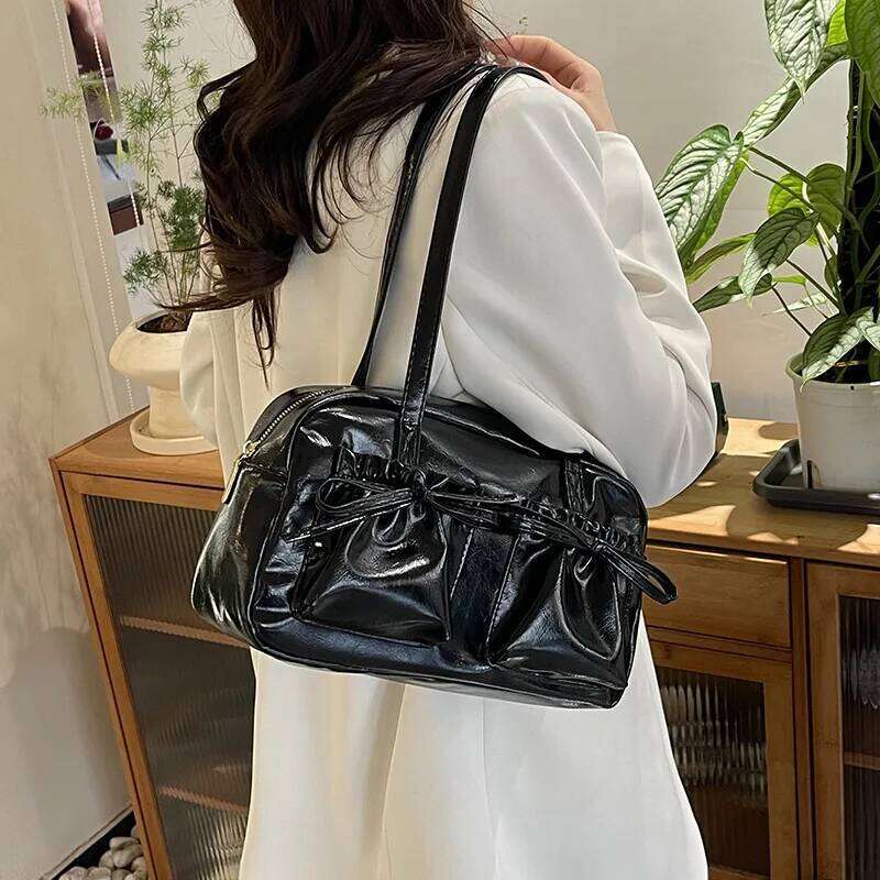 Chic Bowknot Leather Handbag Shoulder Bag, Multi-Color Stylish Totes Bags, Shiny, Versatile for Daily/Office/Date Outfits Y260205
