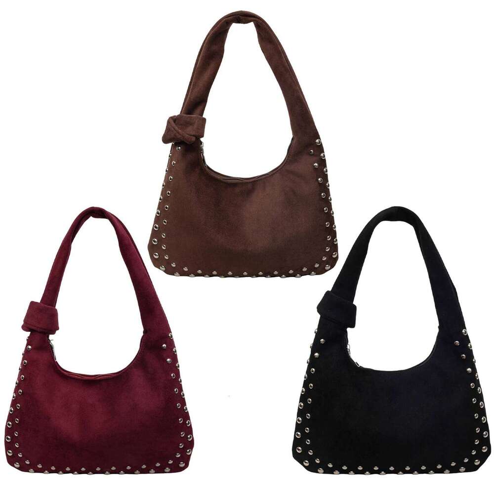 Retro Faux Suede Rivet Bags Large Studded Slouchy Shoulder Purse Fall Accessories 2000s Streetwear Y260205