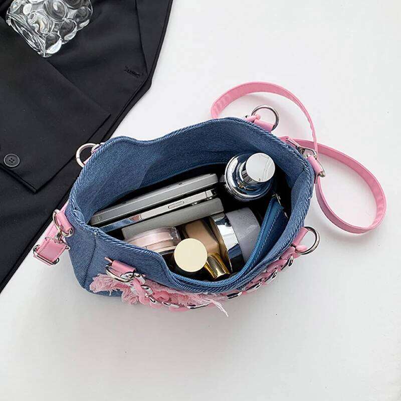 Y2K Vintage Korean Fashion Shoulder Underarm Harajuku Star Tote Denim Bag Chain Ladies Bags Zip Purses Handbags Women Y260205