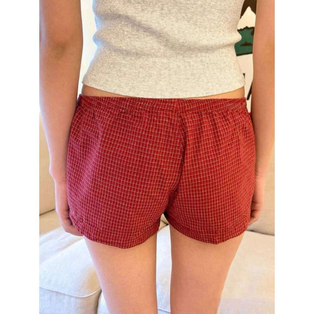 Red Plaid Straigth Shorts Women Summer Elastic Waist Buttons Casual Sweet Short Pant Cotton Y2k Pants Vintage Home Underwear XJ260206