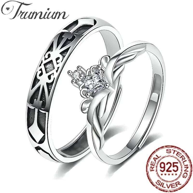 Trumium s925 Princess and Knight Crown Couples Matching Rings Promise with Zircon for Women Men Best Friend Adjustable Ring W260206