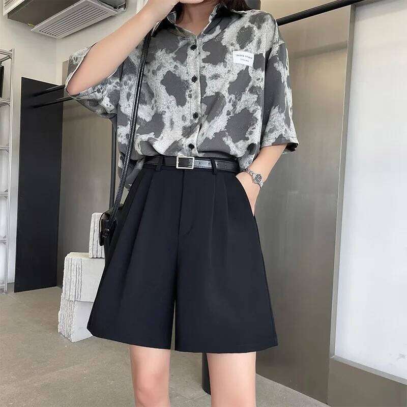 White Suit Shorts Women Summer Thin A-Line Casual Wide Leg High Waist Straight Five Pants XJ260206