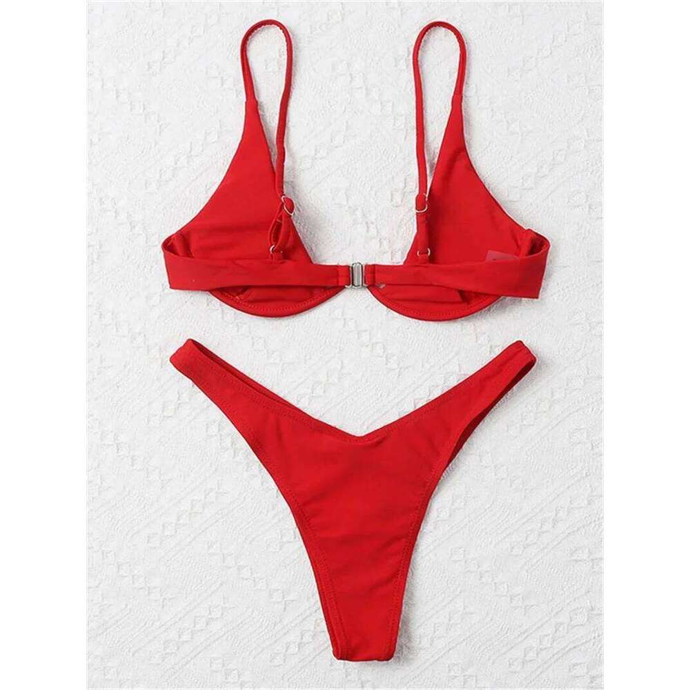 Sexy Underwire Bikini 2025 Mujer Women Solid Red Push Up Bra Swimsuit Haler V Neck Bathing Suit Mini Micro Thong Swimwear Z260206