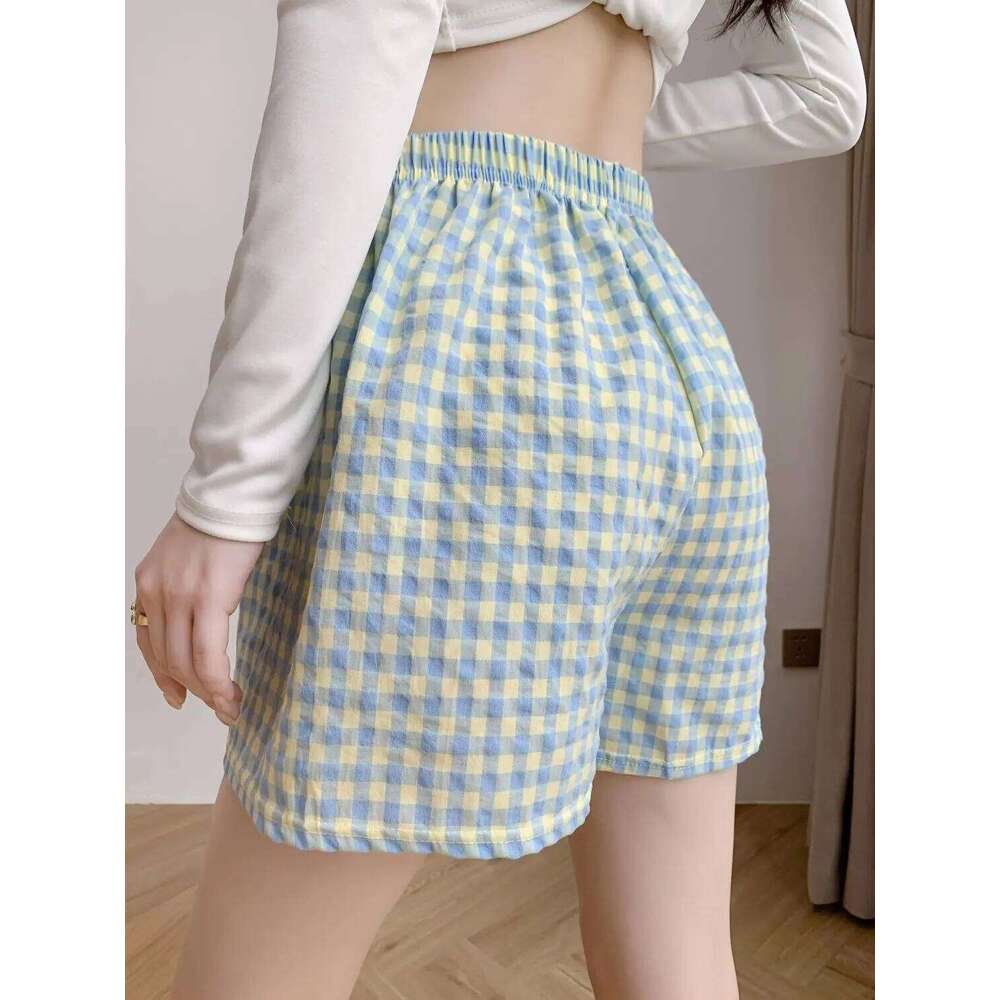Summer Home Shorts Women's High Waisted Slimming Wide Leg Sports Casual Loose Plaid Pajama Pants XJ260206