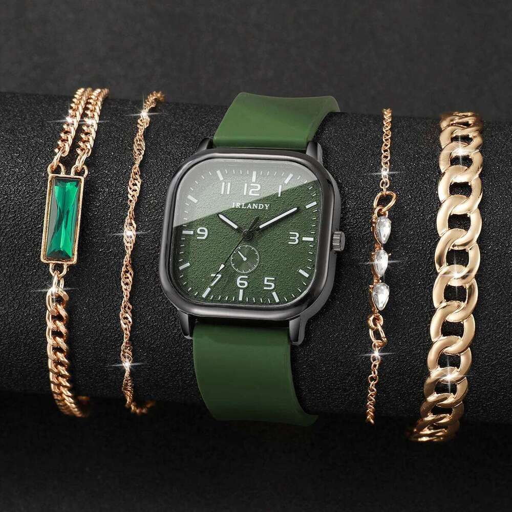 5PCS/Set Women Quartz Watch Fashion Square Arabic Dial Ladies Casual Silicone Strap Wristwatch Bracelets Set Reloj Without Box Z260206