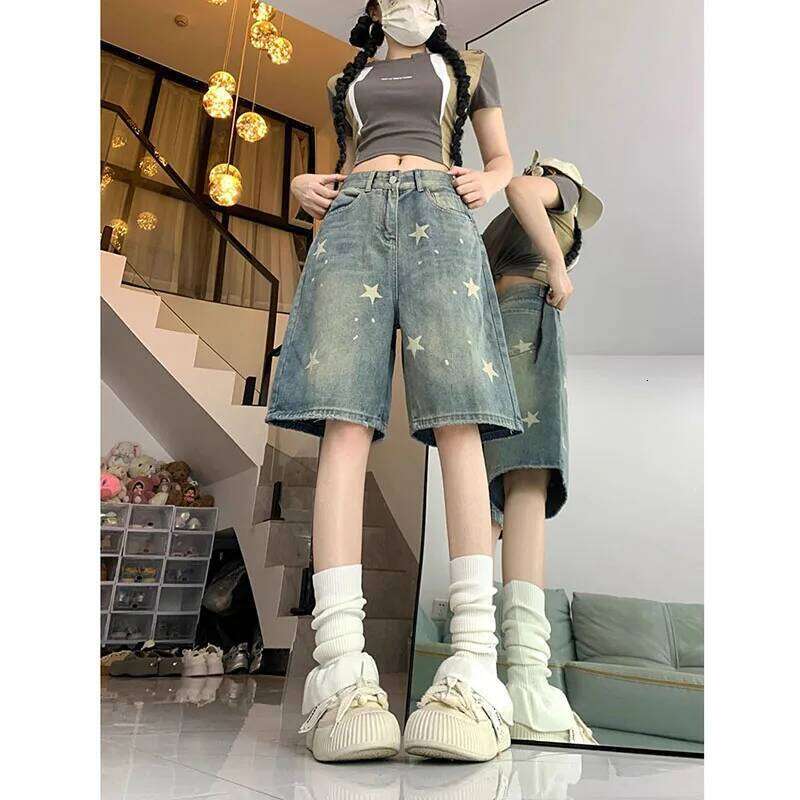 American Style Vintage Women's Short Jeans High Waisted Washed Wide Leg Denim Pants Woman Fashion Do Old Star Knee Length Shorts XJ260206