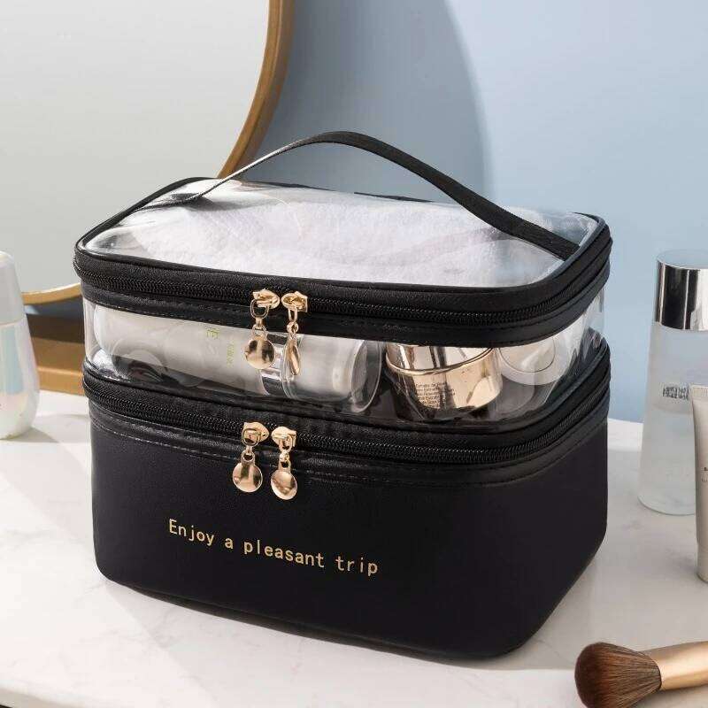 Cosmetic Double Transparent PU Portable Washing Big Capacity Makeup Waterproof Travel Toiletry Bag Storage Bags Y260206