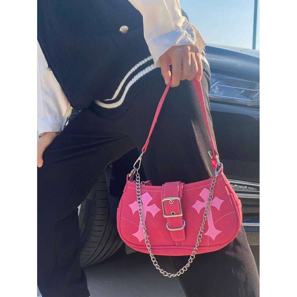 Y2K Sweet Cool Women's Underarm Hot Girls Pink Shoulder Bags Messenger Bag Retro Design Female Chain Purse Armpit Handbags Y260205