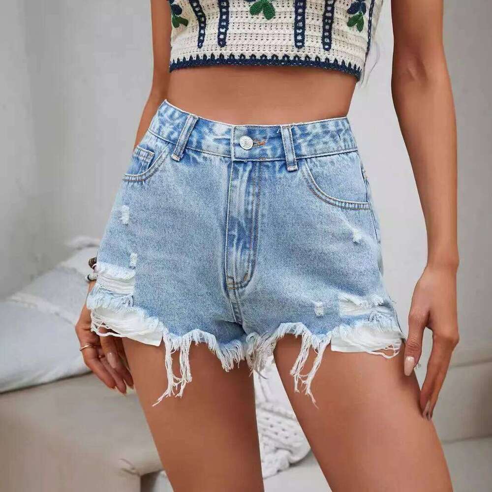 European and American Women's Blue Ripped Denim Shorts C260206