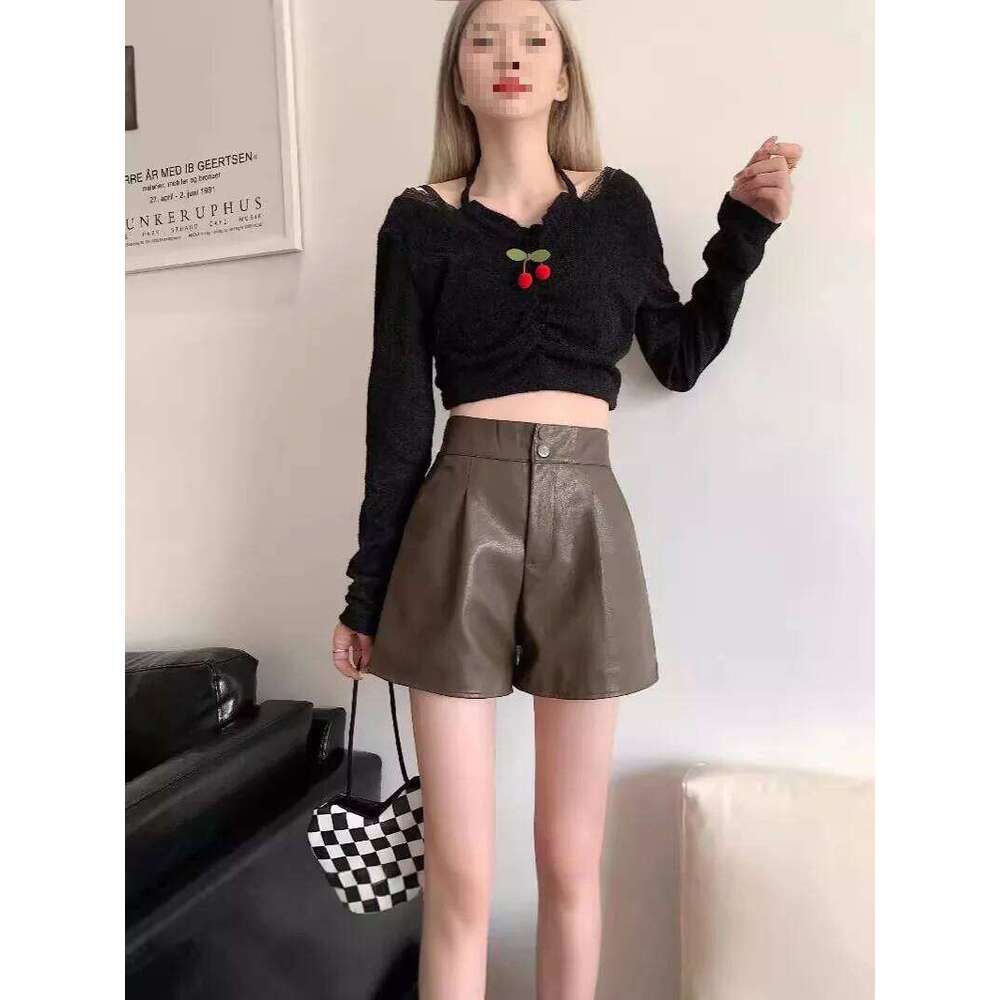 Black Leather Shorts Women's Autumn Outerwear High Waist Slimming Loose Wide Leg Pants Trendy Casual Comfortable XJ260206
