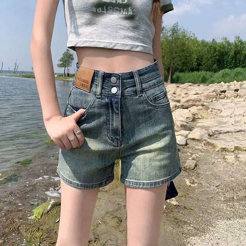 Women's Summer Double Button Denim High Waist Slimming Design A-line Jeans Shorts C260206