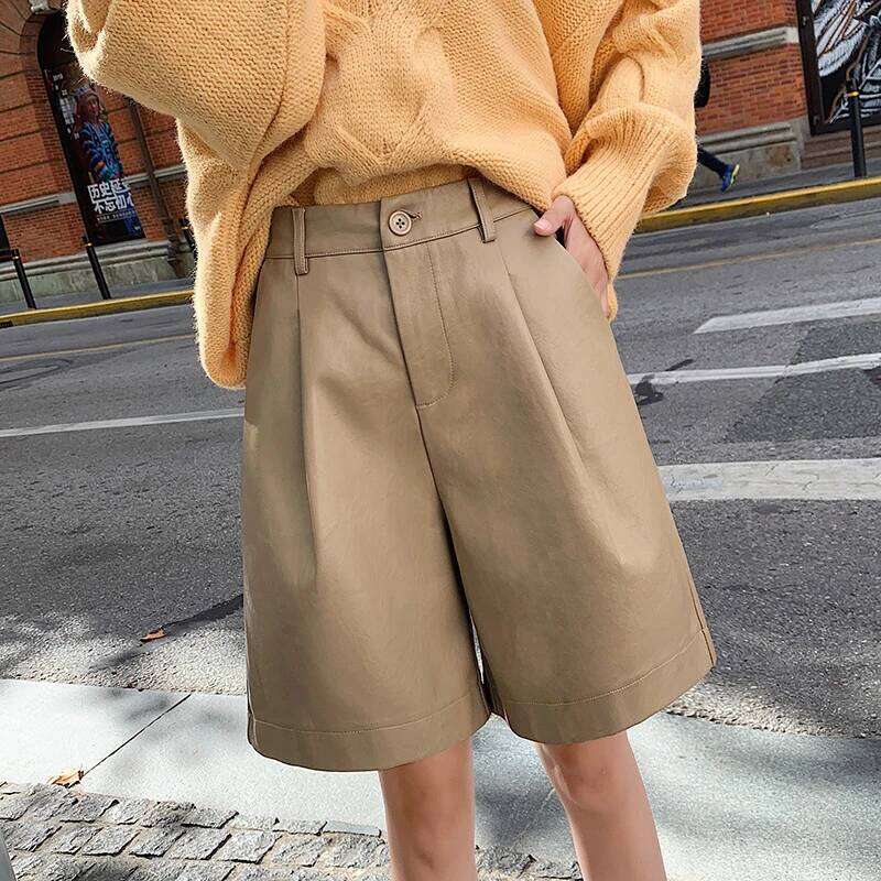 QOERLIN S-3XL Fashion PU Women Autumn Winter 2025 New Loose Bermuda Leather Trousers Casual High Waist Shorts XJ260206