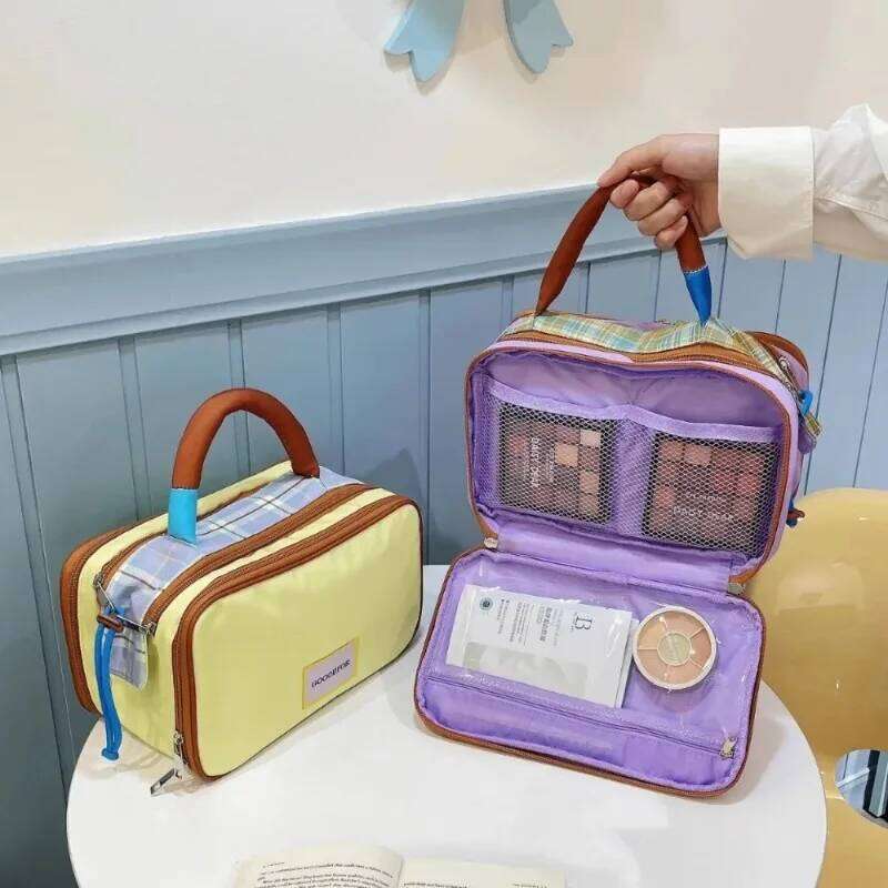 New Women's Makeup Bag Large Capacity with Compartments, Color-Block Portable Travel Toiletry Cosmetic Storage Bag, Handbag Y260206