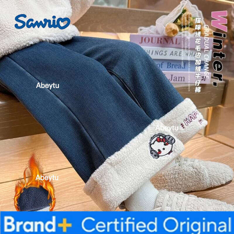 Sanrio Girls Jeans Velvet Autumn Winter New Leisure Trousers Loose Keep Warm Kawaii Cartoon Anime Thicken Straight Pants H260206