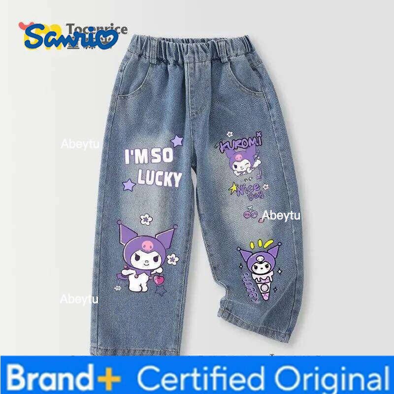 Sanrio My Melody Hello Kitty Kuromi Straight Cut Wide-Leg Jeans Girl Spring, Autumn, and Winter Thicken Pants Children Clothing H260206