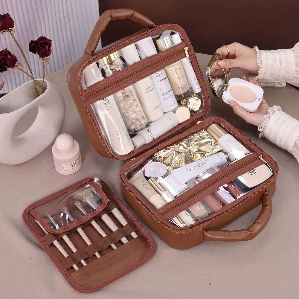 Checkered Cosmetic For Women Large Capacity Waterproof Makeup Toiletry Brown Melard Travel Wash Storage Bag Y260206