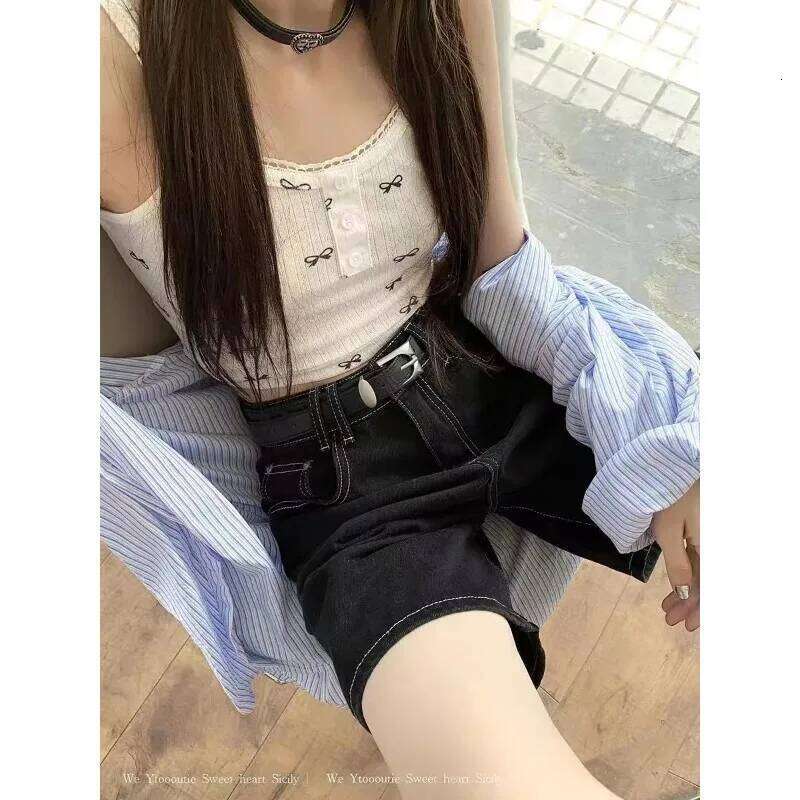 Denim Women's Straight Hong Kong Style Loose Black Mid-pants Summer Thin High-waisted Mid-length Shorts XJ260206