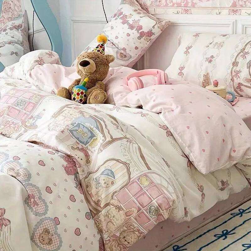 Ins Duvet Cover No Filler with Pillowcases Flat Sheet Floral Rabbit Cute In Stcok Summer Fall Home Decoration Beding Set XJ260206