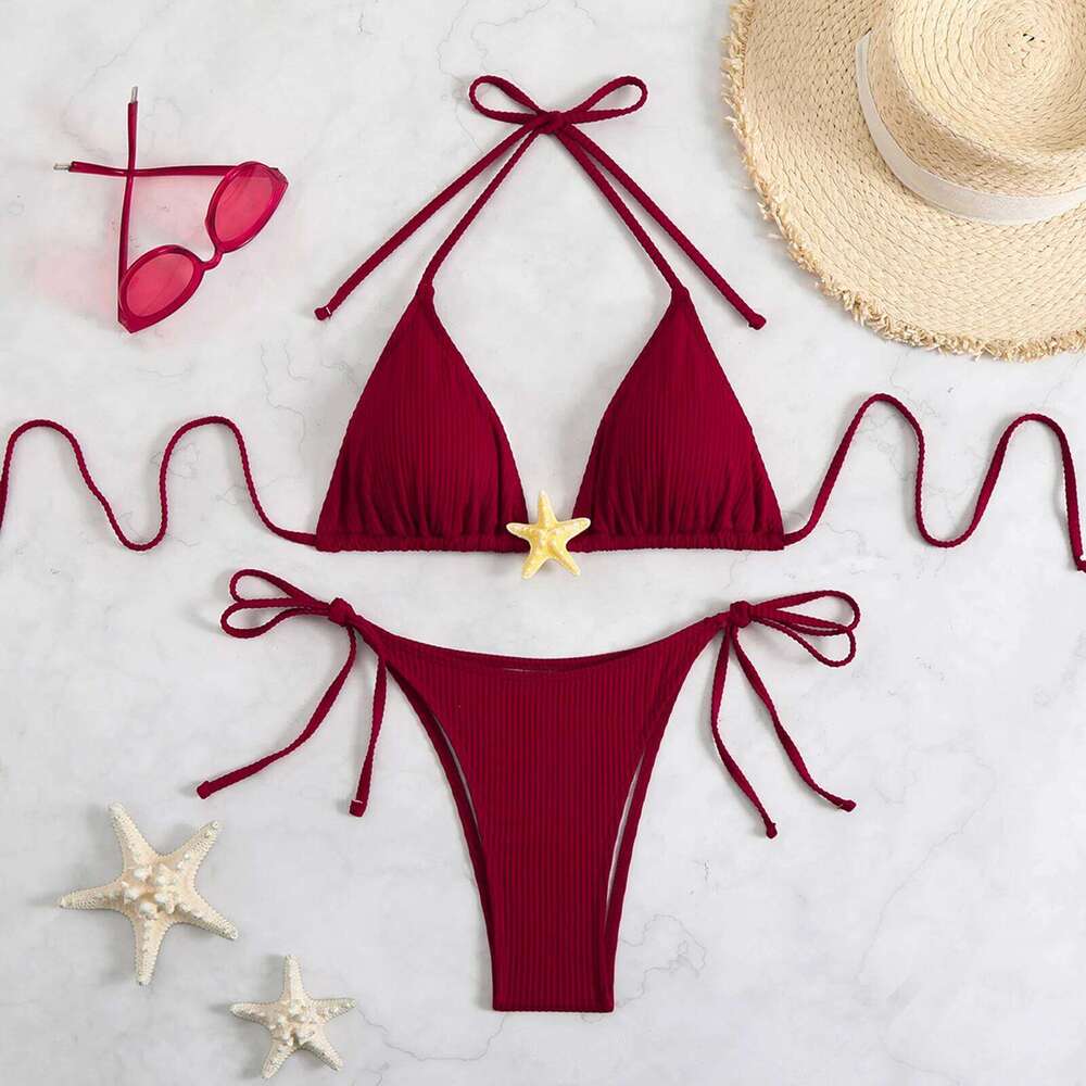 Yiiciovy New Women Push Up Swimwear 2 Piece Bikini Set Starfish Sexy Halter Bandage Beachwear Bathing Suits for Beach Pool Z260206