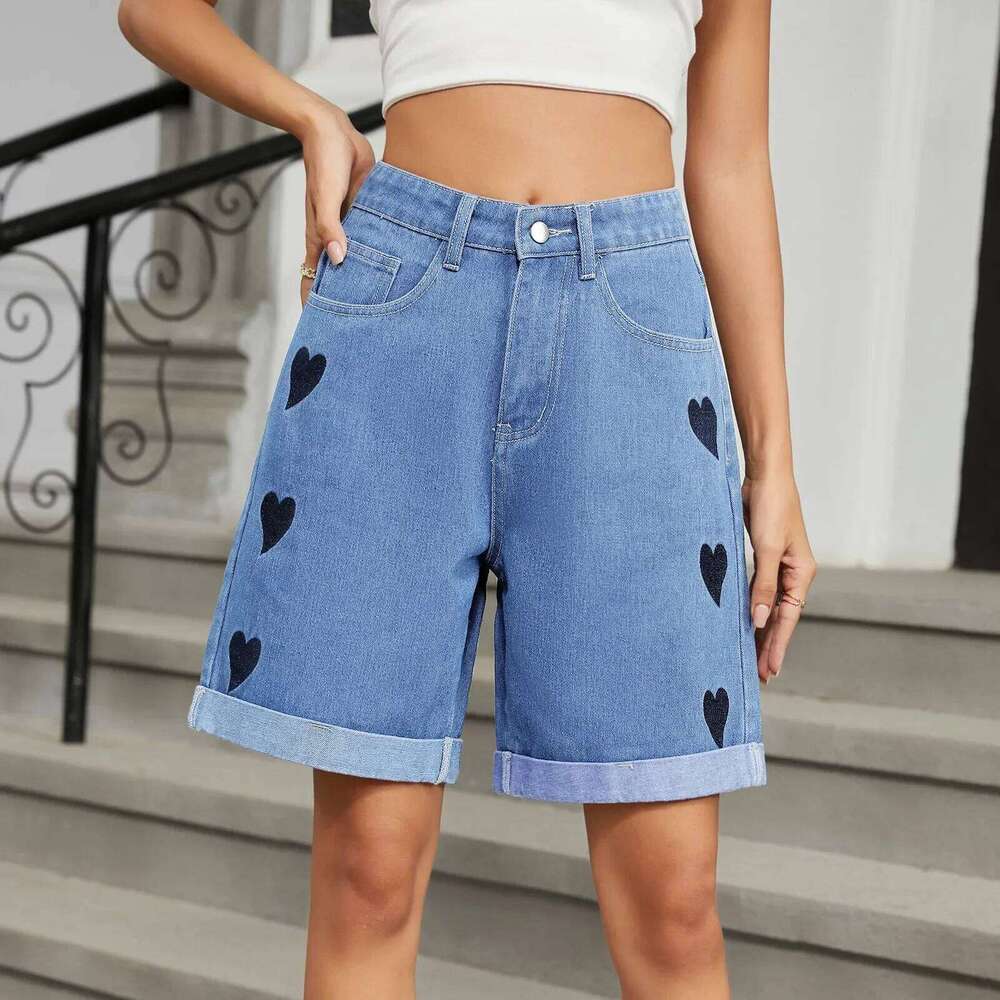 Jeans Short Pants Women Print Shorts Mid Waist Distressed Washed Pockets Knee Length Denims Streetwear Straight Trousers C260206
