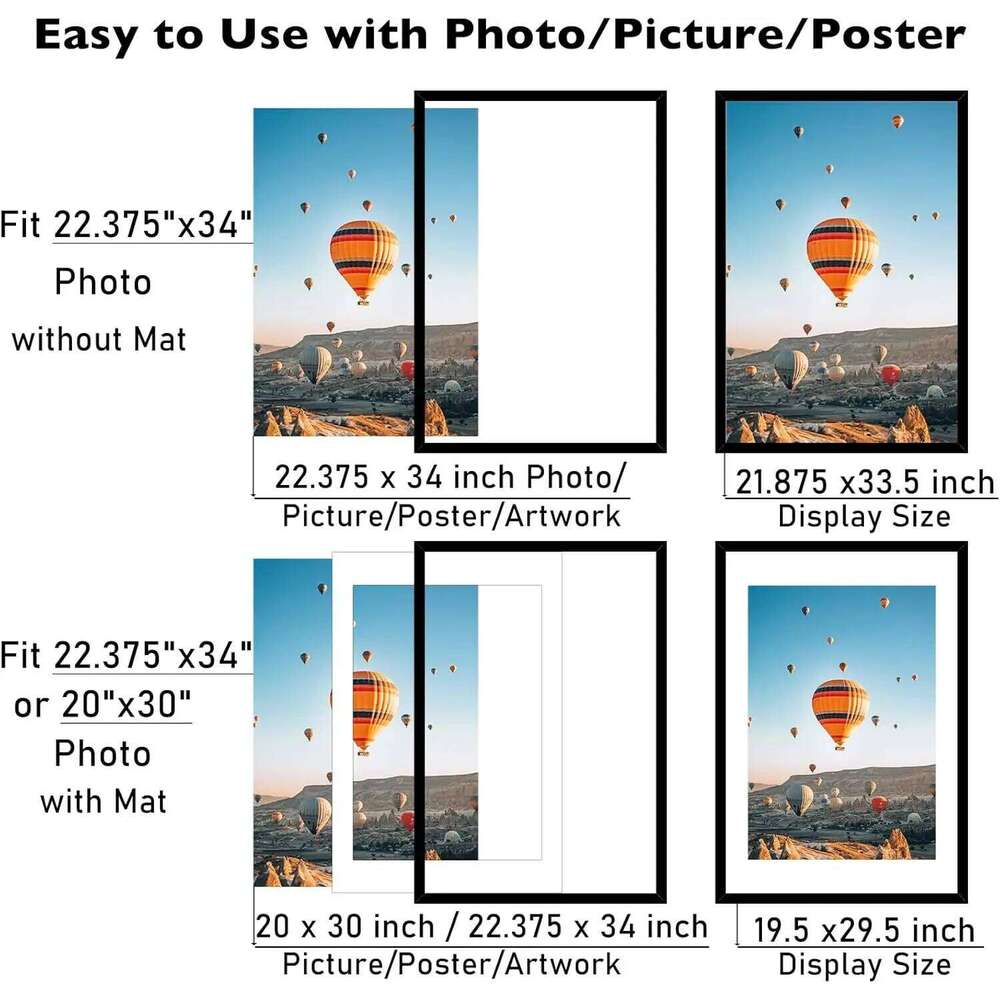3 Pack Black Picture 22.375x34 with Mat for 20x30 Photos, Plexiglass Wall Hanging Poster Frame Set S260205
