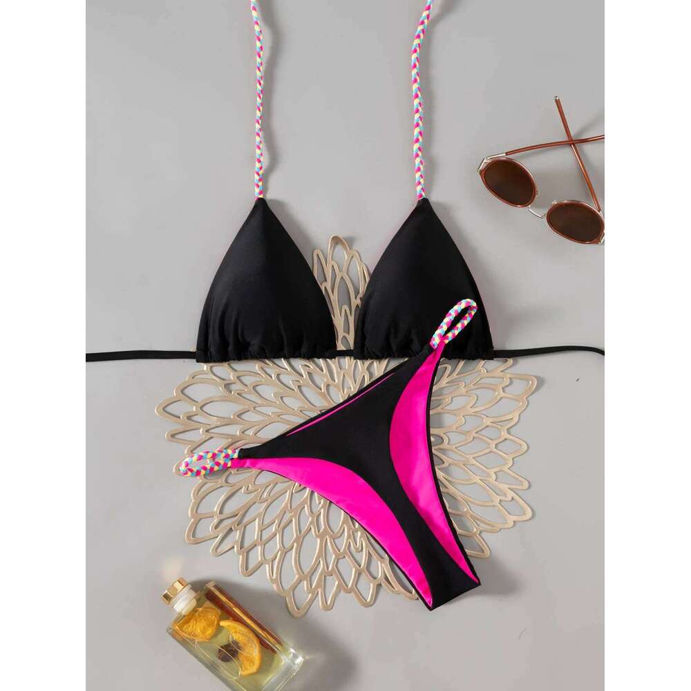 Lace-up Solid Color G-string Sexy Bikini Split Swimsuit Women Z260206