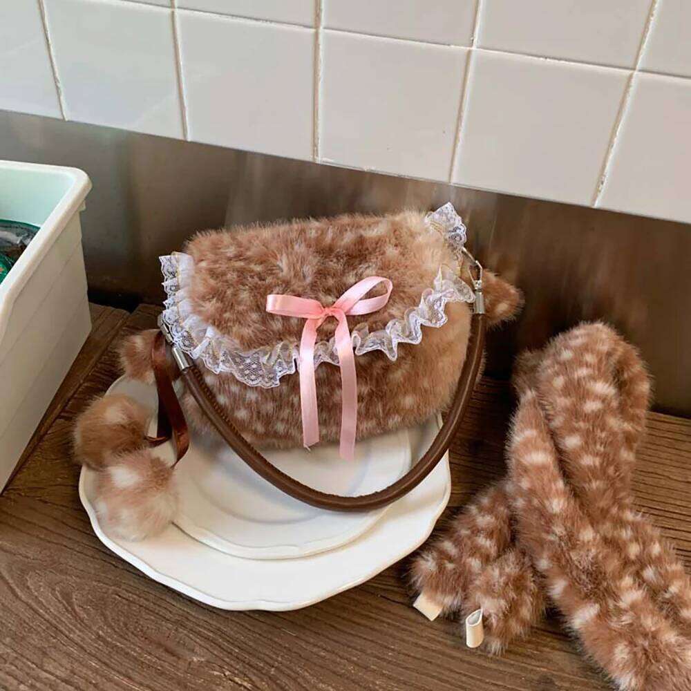 2025 Winter New Lace Bow Plush Bag for Women Cute Dots Soft Buckle One Shoulder Underarm Bags Shopping All-Match Messenger Packs Y260205