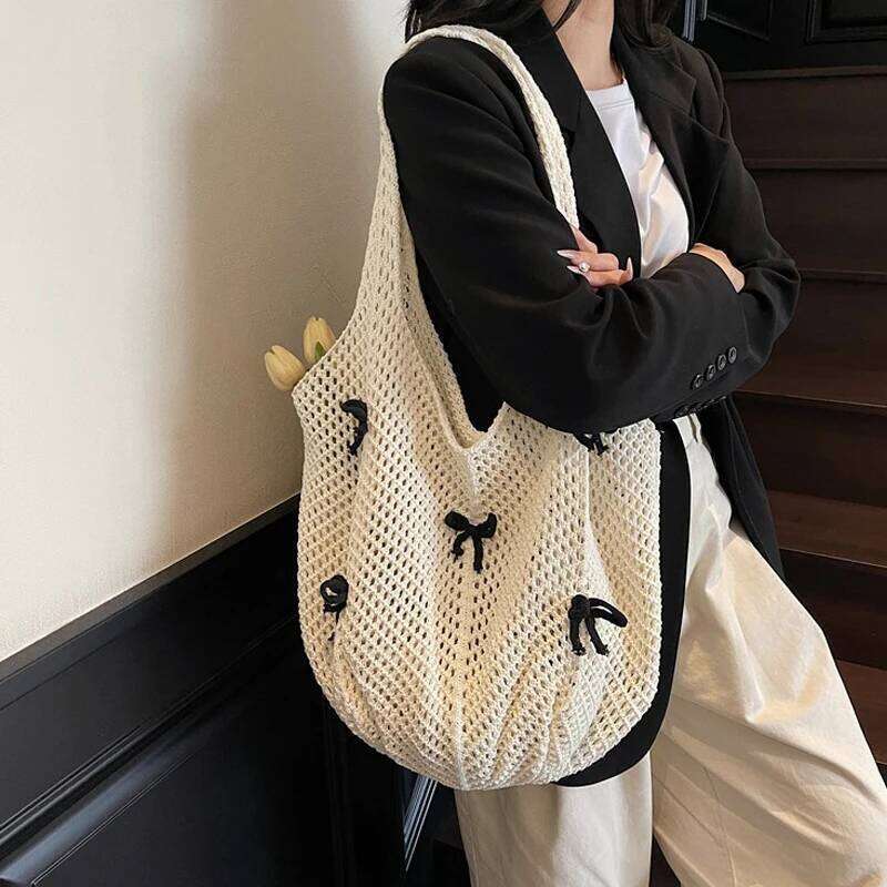New Khaki Bow Vintage Knit High Quality Woven Large Capacity Daily Wear Shoulder Bag Ladies Hand Bags Y260205