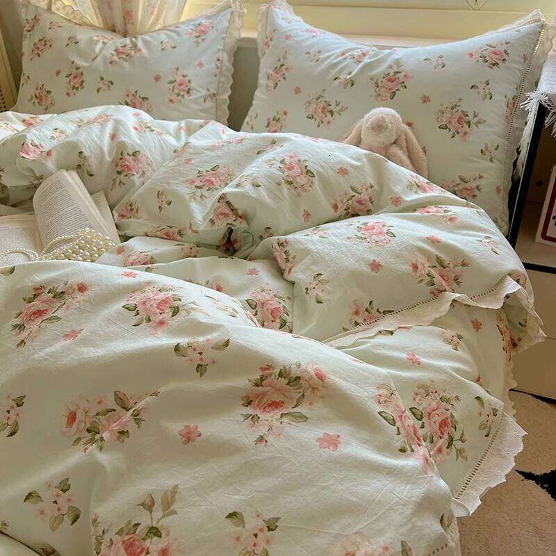 Washed Cotton Duvet Cover Sets Single/Queen/king Flower Printed Bedding Set Princess Style e housse de couette 220x240 with Lace XJ260206